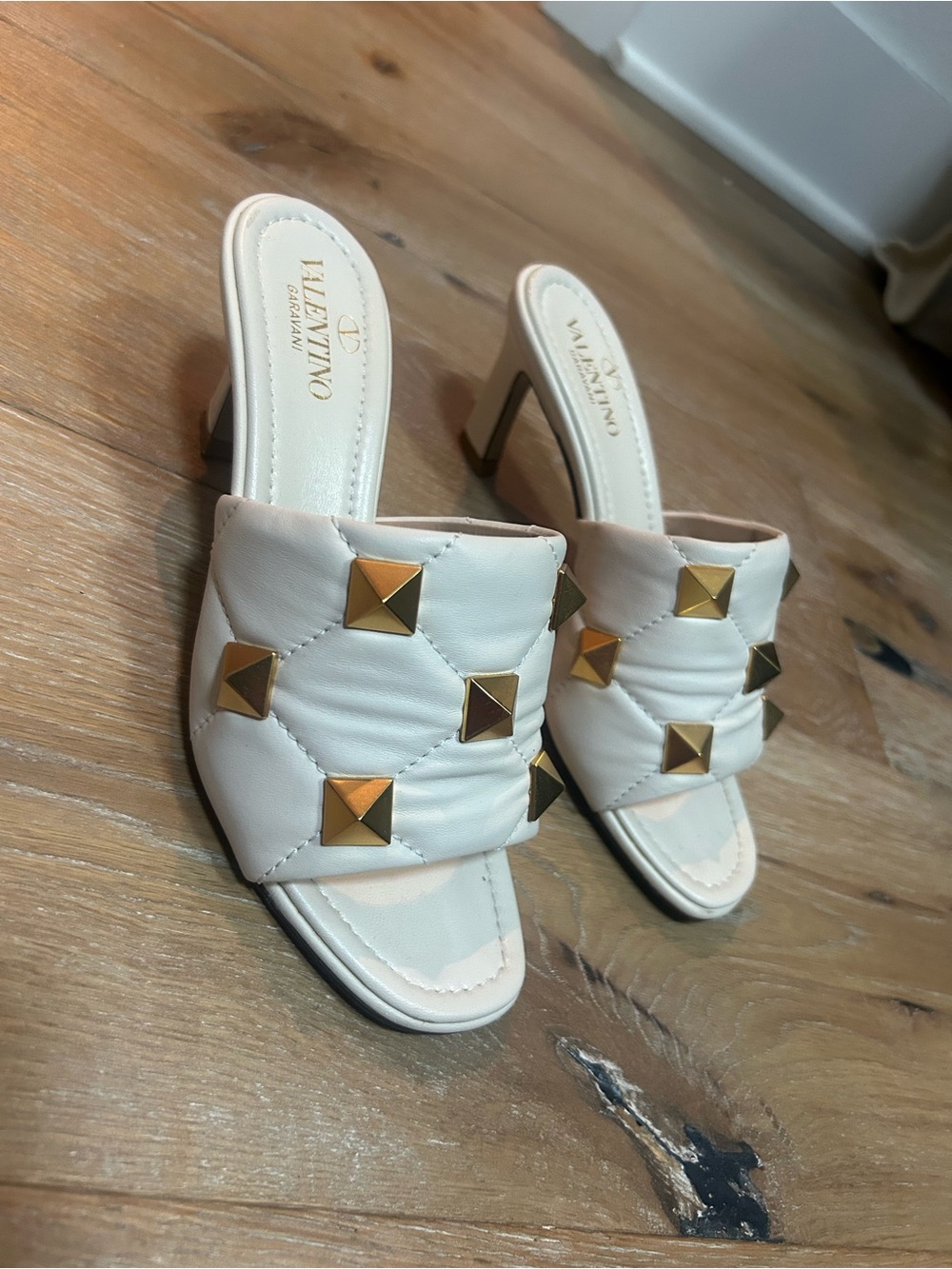 Valentino Garavani Cream Quilted Slide Mules with Gold Studs
